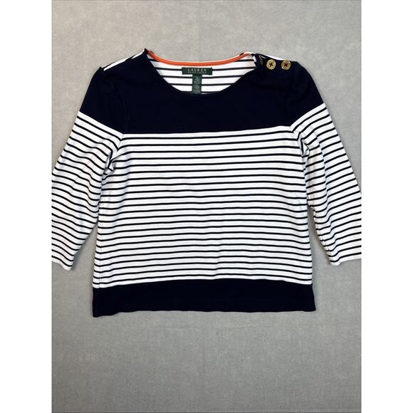 Lauren Ralph Lauren Shirt Women’s Small 3/4 Sleeve Striped Nautical Gold Buttons - Picture 1 of 7